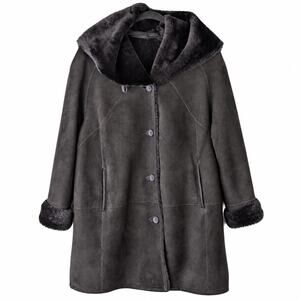 HiSO Genuine Spanish Shearling Sheepskin Hooded Coat Black Size 16